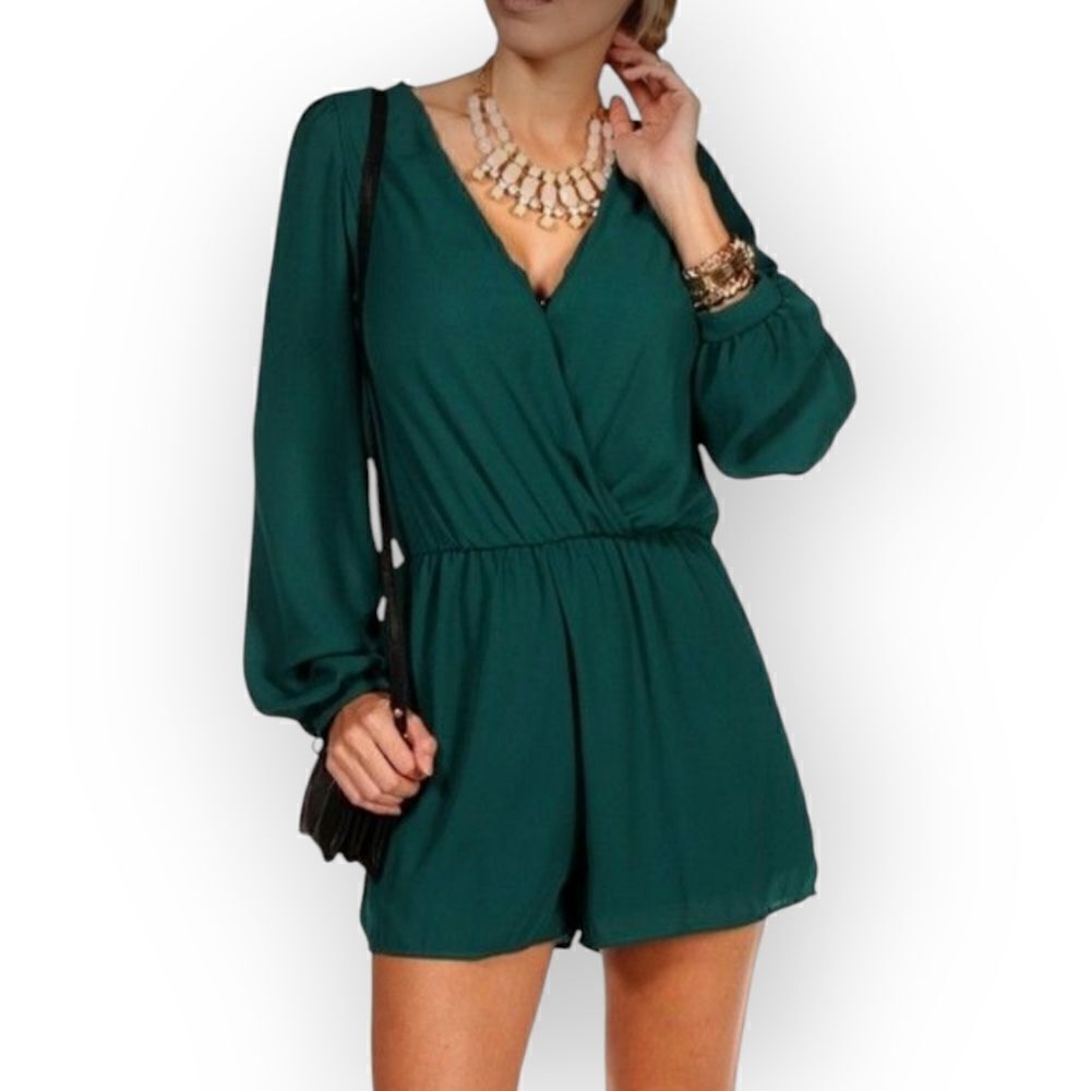 Blue life green deep v neck romper, small